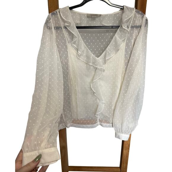 Allsaints Ari Blouse Top Romantic Ruffles Textured Polka Dots White Size 8 - Picture 4 of 11
